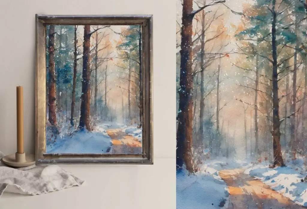 A square Christmas pattern with green leaves, red berries, and poinsettias is displayed.