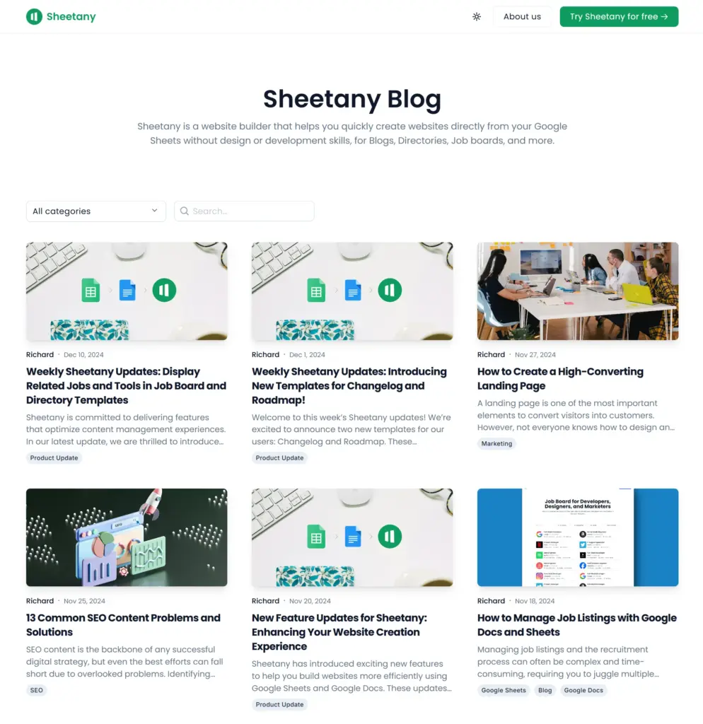 Blog Website Templates in Sheetany Website Builder