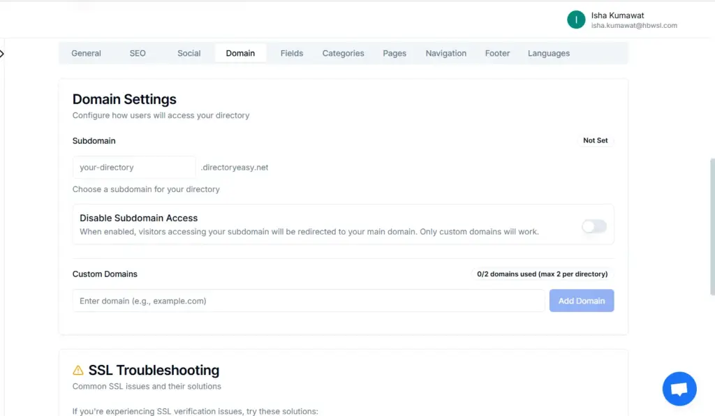 Domain Settings Interface