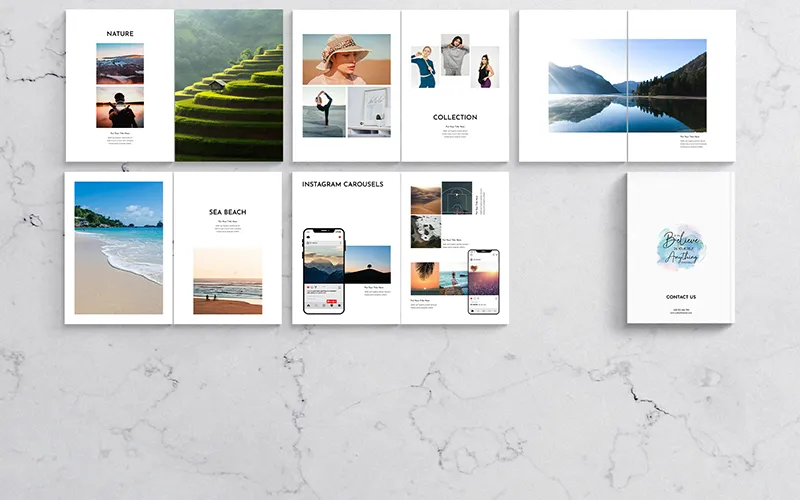 A collage of open portfolio pages, including a section for "NATURE," "SEA BEACH," and "INSTAGRAM CAROUSELS," with a simple contact page at the end.