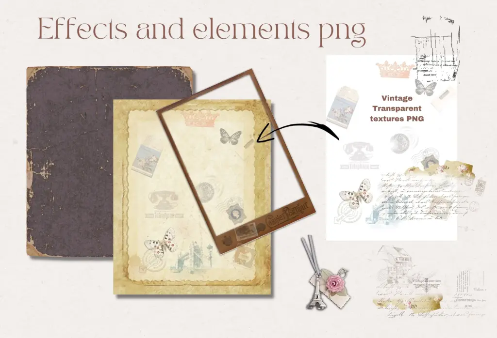 A collection of vintage-style digital effects, such as gold splashes, old tapes, and paper tears.