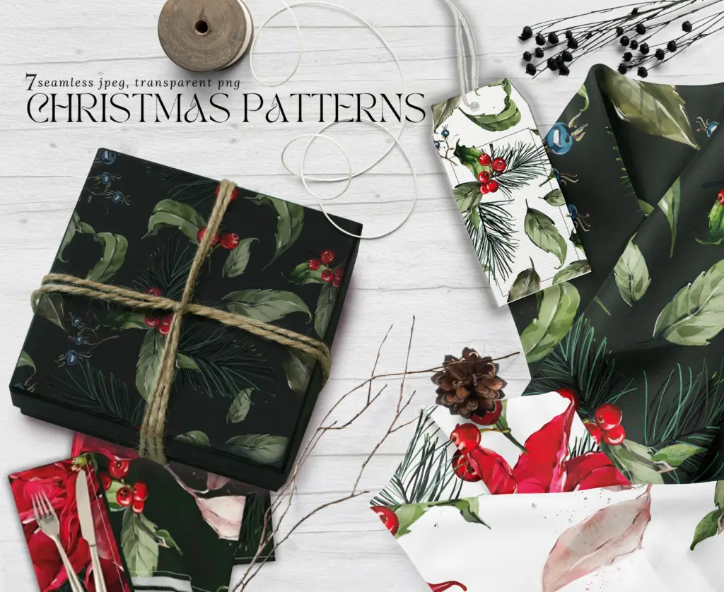 seamless Christmas patterns used on wrapping paper, a gift tag, and a folded fabric.