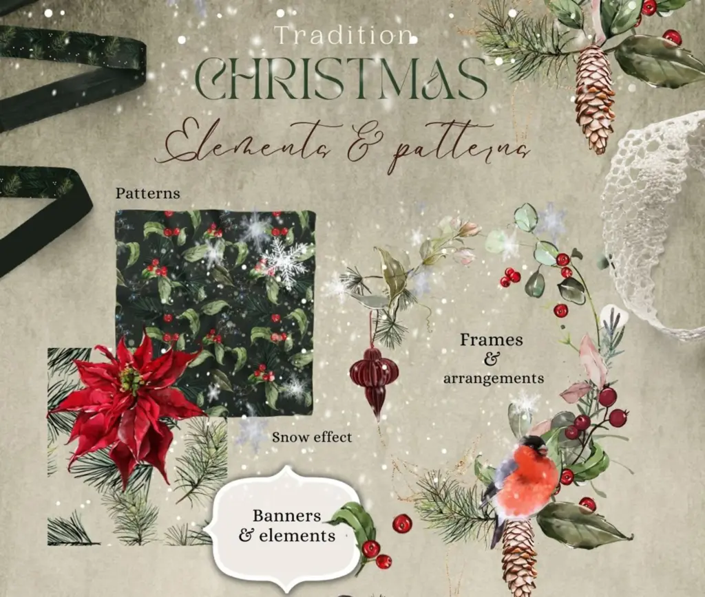 a collection of traditional Christmas elements, including patterns, frames, and banners.