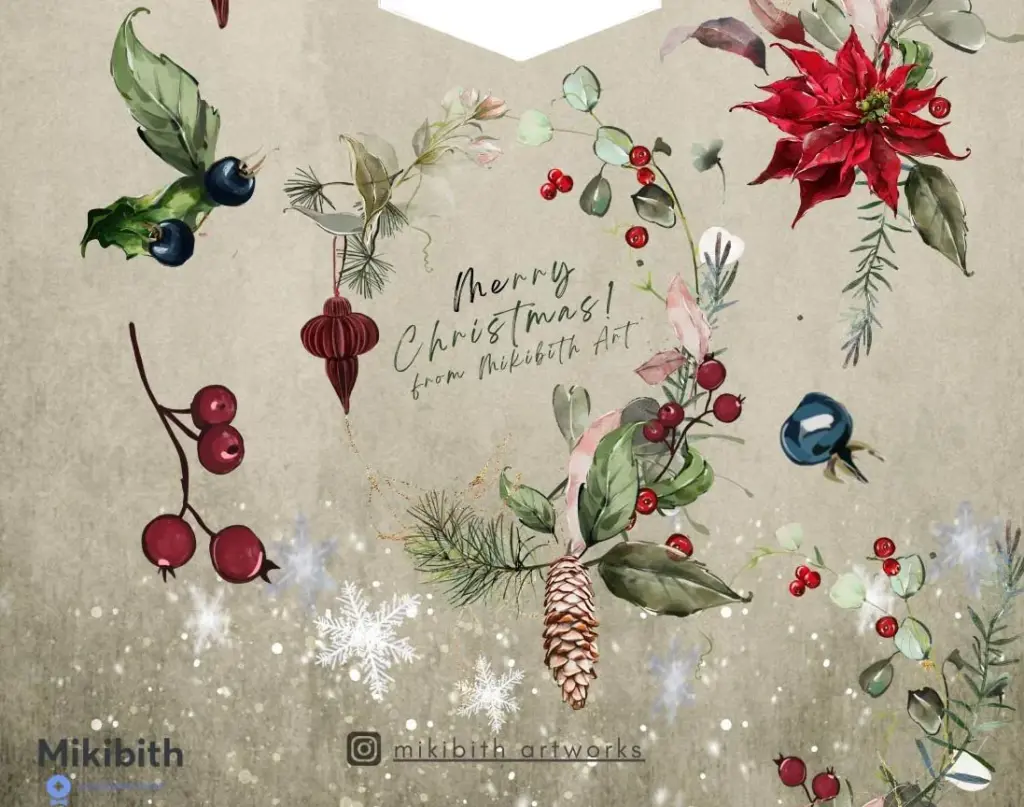 A collection of individual Christmas-themed elements like poinsettias, pine cones, and berries is displayed.