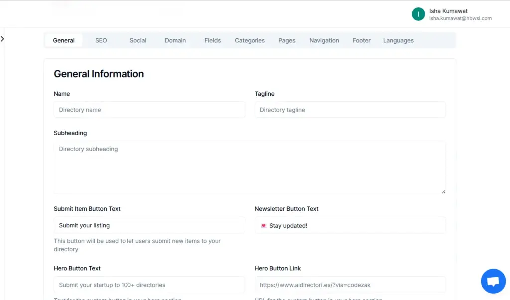General Informaion Interface, directory website builder