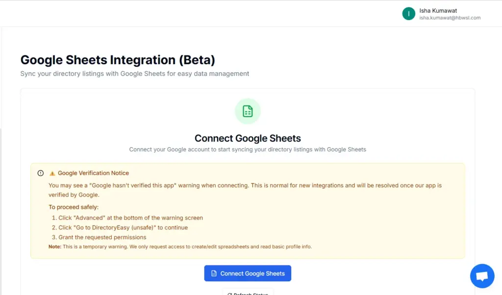GoogleSheet Integrations Interface, Directory Website Builder