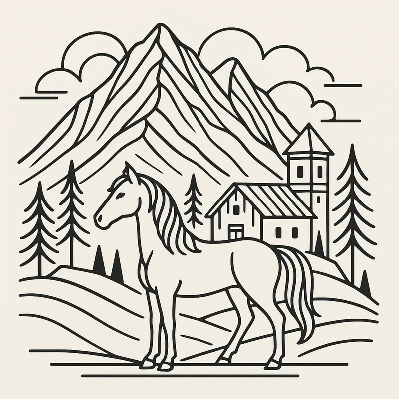 A minimalist line illustration of horse, moutain and a forest cabin