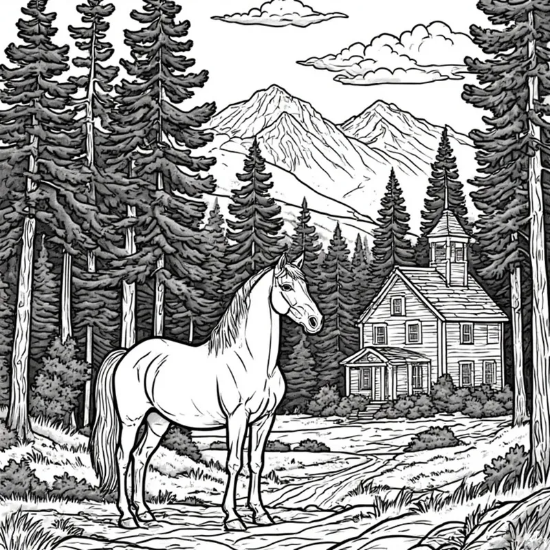Detailed sketch of a horse standing on a forest path with tall trees and a church-like house in the background.