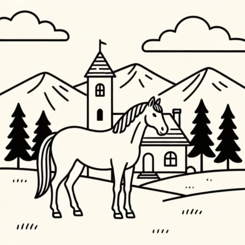 Minimalist illustration of a horse near a tower and cottage with mountains and clouds.