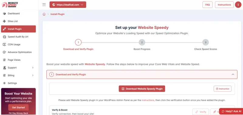 Install Plugin Setup Website Speedy Interface