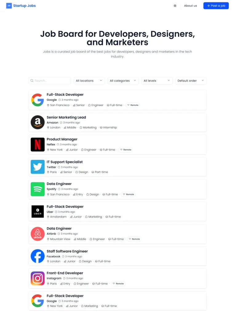 Job Board Website Templates in Sheetany Google Sheets to Website Builder