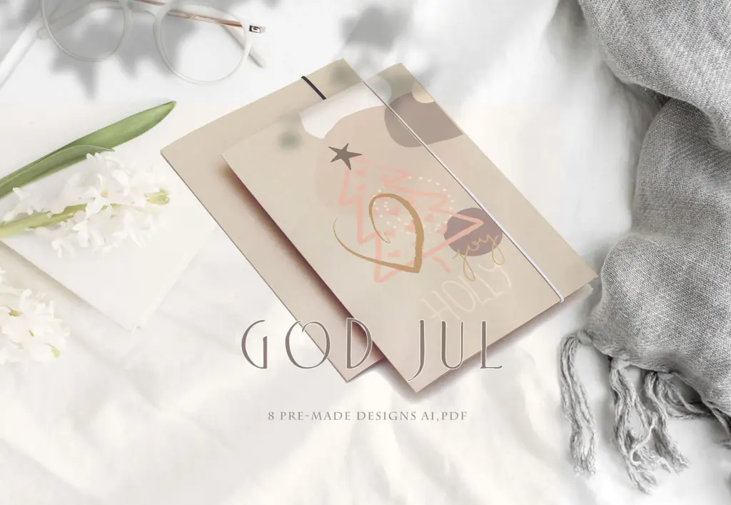 A mockup shows a Christmas card with abstract shapes, a tree, and the words "GOD JUL" on a white blanket.