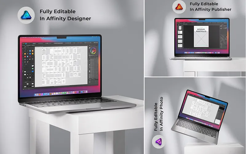 A collage of three images showing a portfolio template open on a laptop screen, with icons indicating it is fully editable in Affinity Designer, Affinity Publisher, and Affinity Photo.