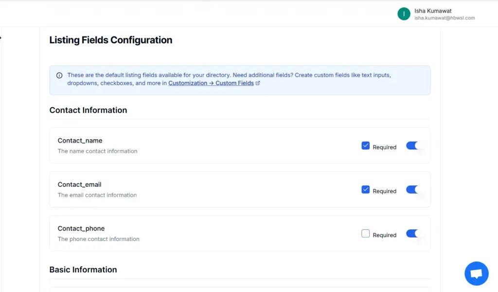 Listings fields Interface , directry website builder
