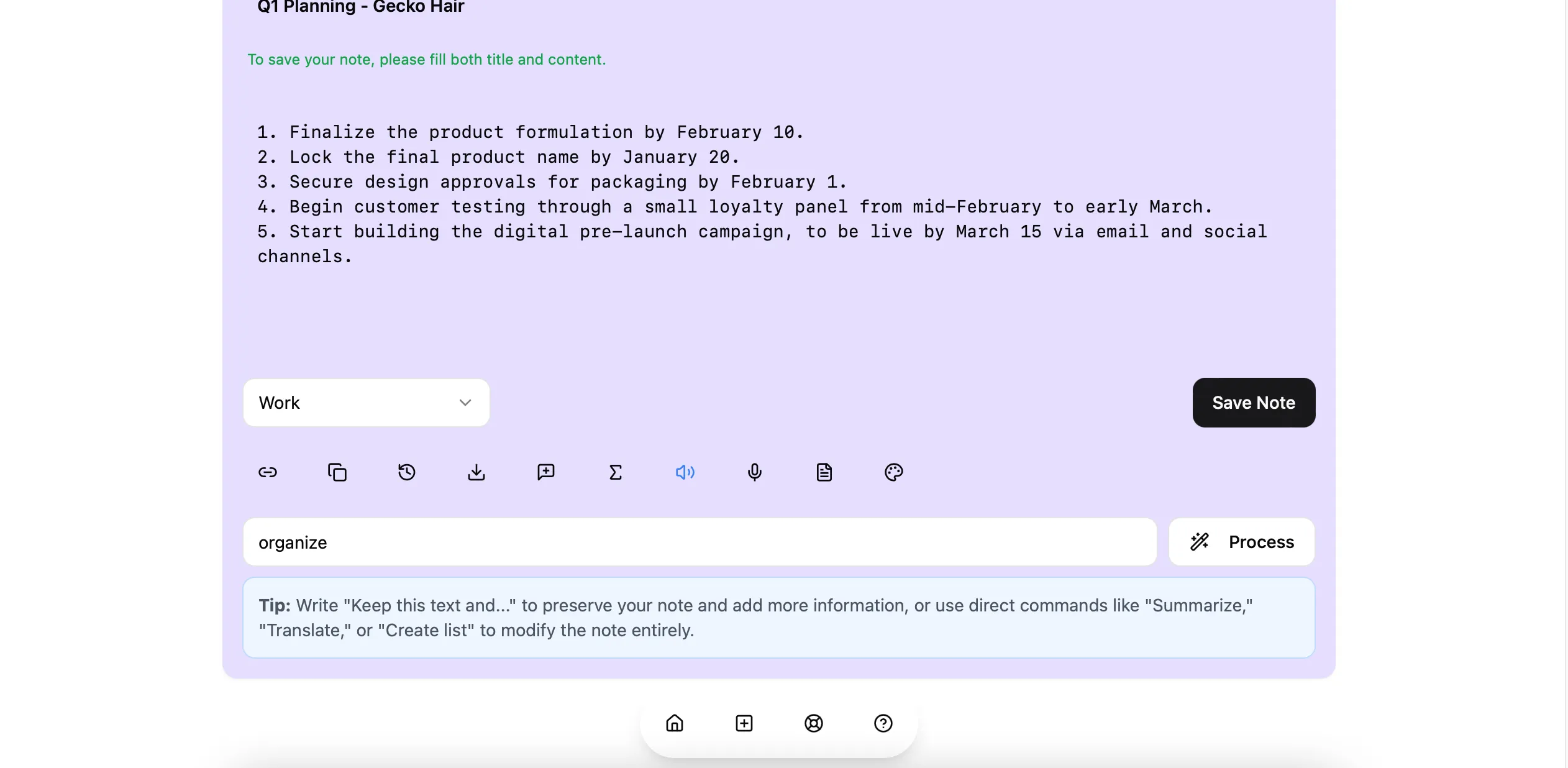 AI prompt hint in MindNote AI Note Taker App