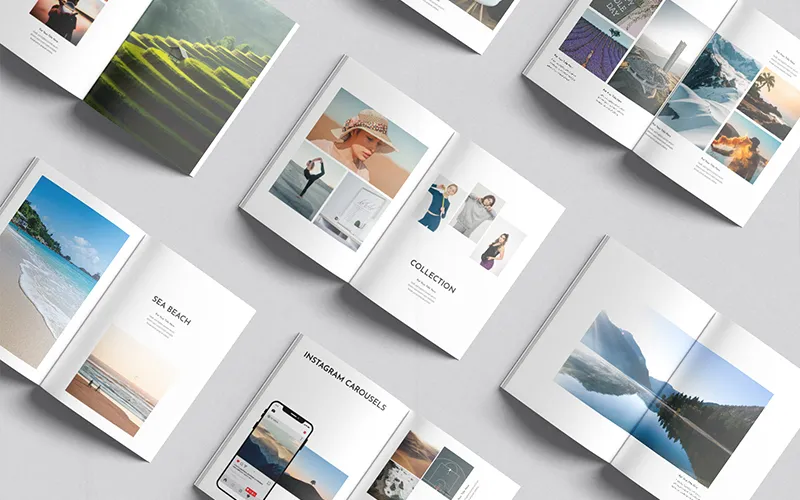 Several open portfolio templates spread out on a flat surface, showing various pages including a "SEA BEACH" page, a "COLLECTION" page, and an "INSTAGRAM CAROUSELS" page.