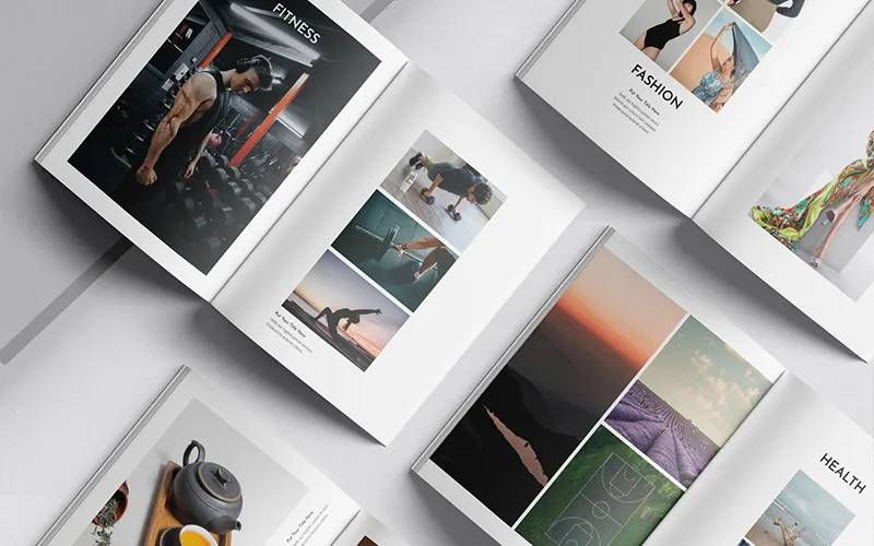A dynamic shot of multiple open portfolio templates overlapping each other, showing the "FITNESS," "FASHION," "FOOD," and "HEALTH" sections with photos and simple text layouts.