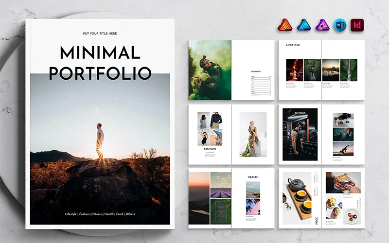 A complete view of a portfolio template deal, featuring a clean, minimalist cover titled "MINIMAL PORTFOLIO," next to a spread of interior pages showing various layouts for categories like 'LIFESTYLE', 'FASHION', and 'HEALTH'.