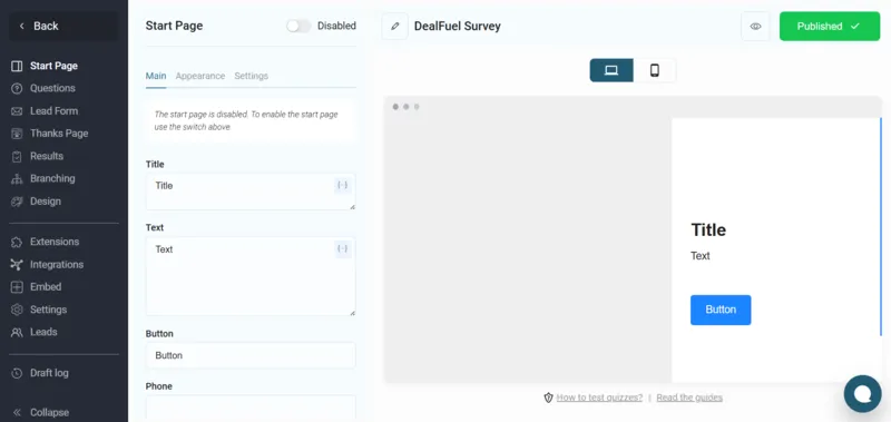 Quiz Creation Start Page , Quiz maker