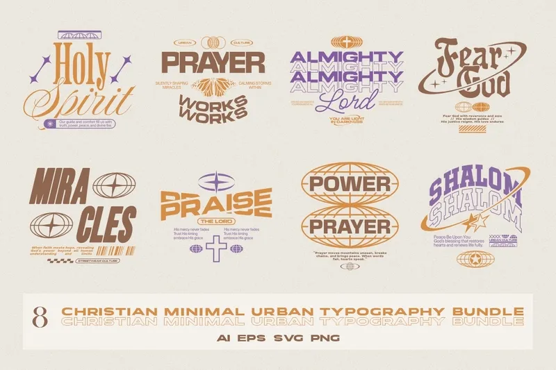 Collage of 8 retro Christian Urban Typography Designs For streetwear t-shirt Designs