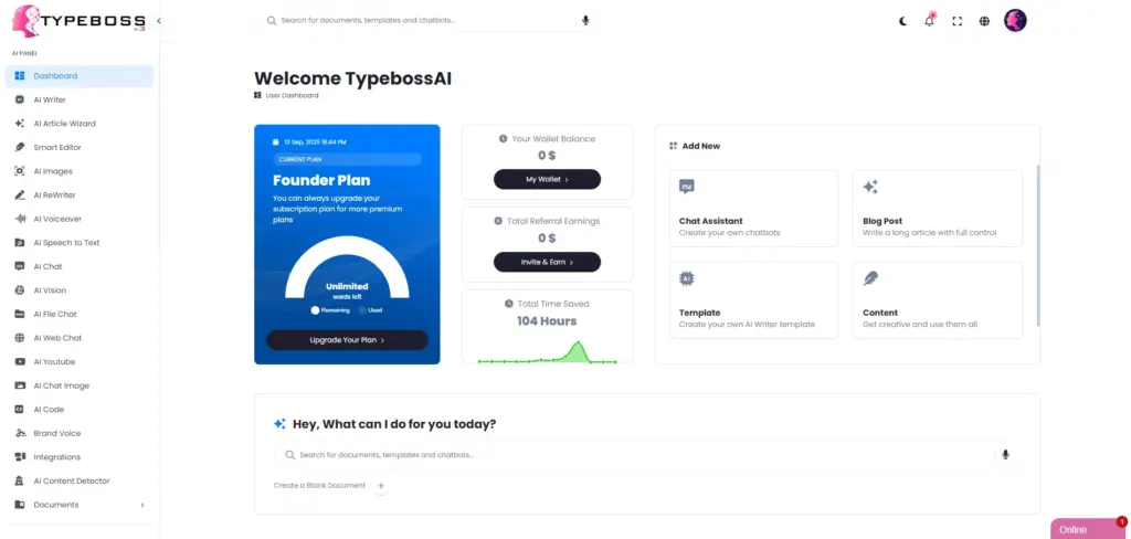 Type boss AI Content Generation Tool Dashboard preview image