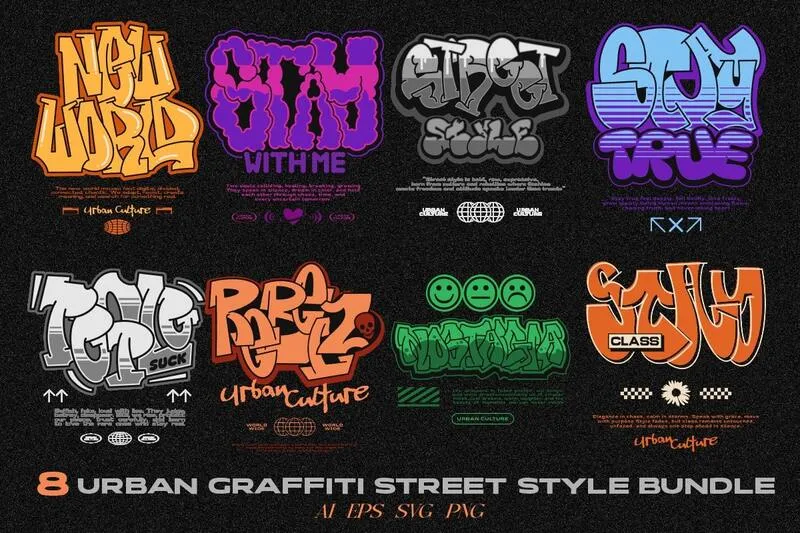 Collage of 8 Urban Grafitti Designs For T-shirts
