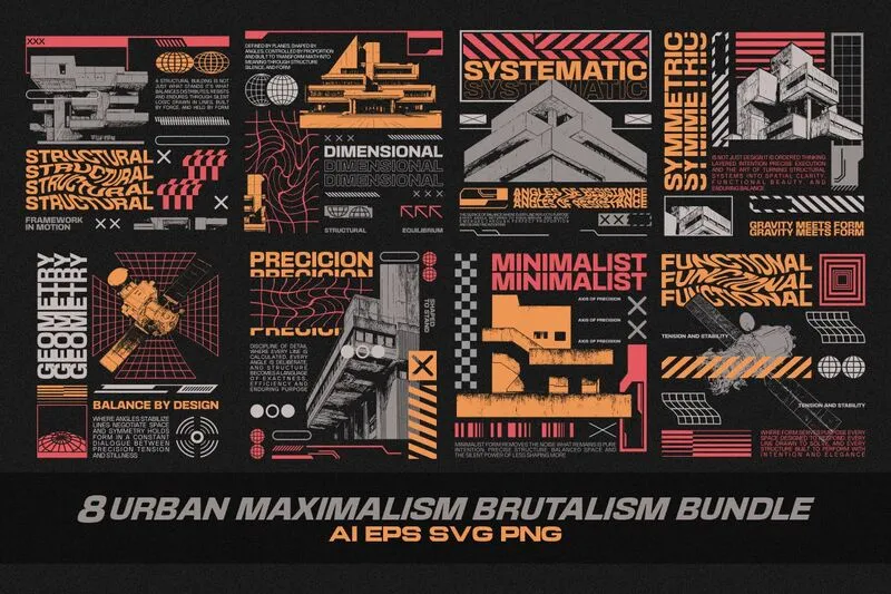 Collage of 8 Urban Maximalism Brustalism Designs for T-shirts POD
