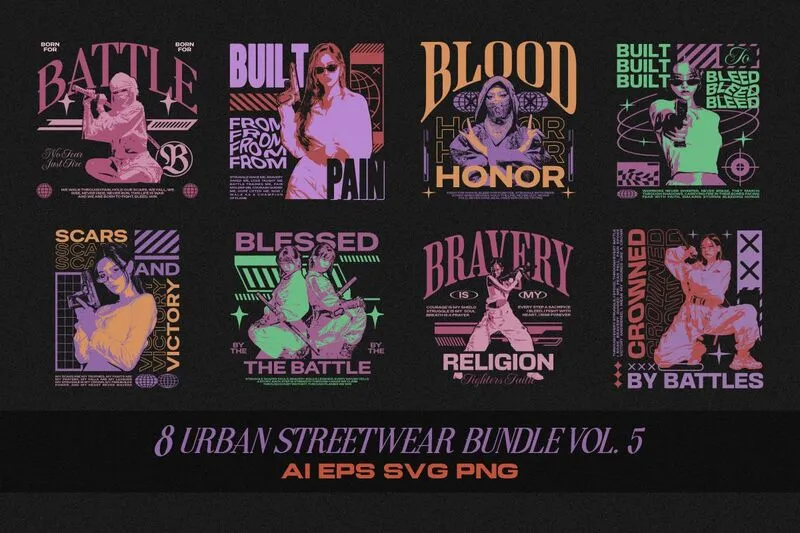 Collage of 8 Urban Streetwear V-5 Designs For Streetwear T-shirts