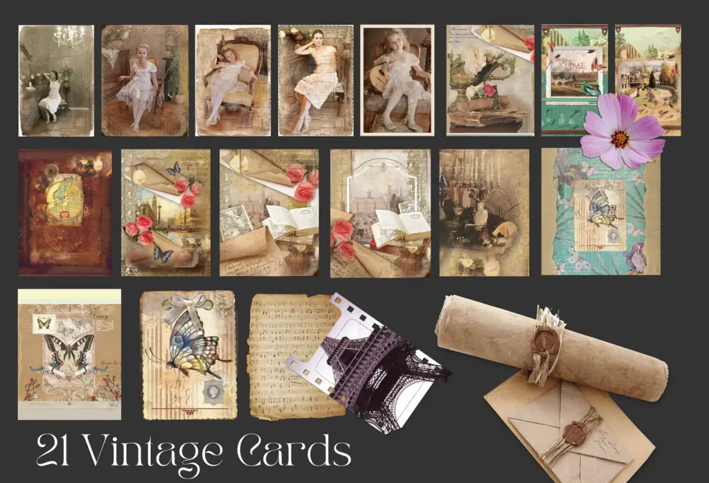 Eight pre-made card mockups using antique paper textures and botanical prints.