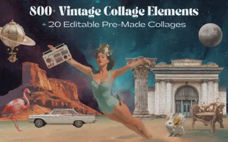 800+ Vintage Collage Elements + 20 Editable Pre-Made Collages Feature Image