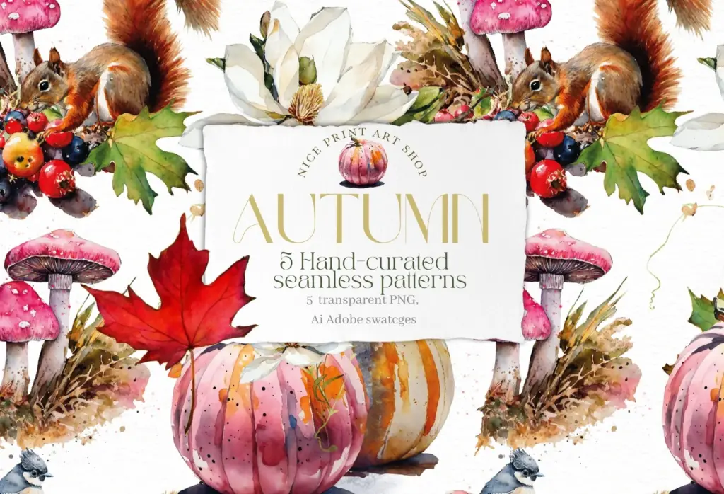 A collection of individual fall-themed watercolor elements like ribbons, pumpkins, and various flowers.