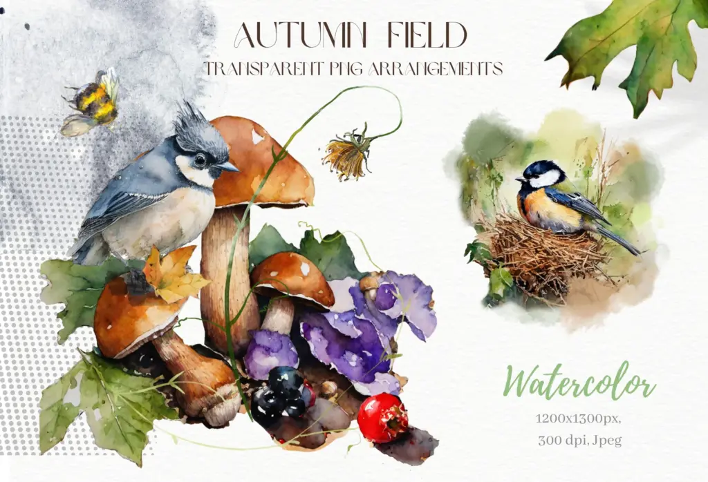 A flat lay shows a fall-themed card mockup featuring watercolor florals and leaves.