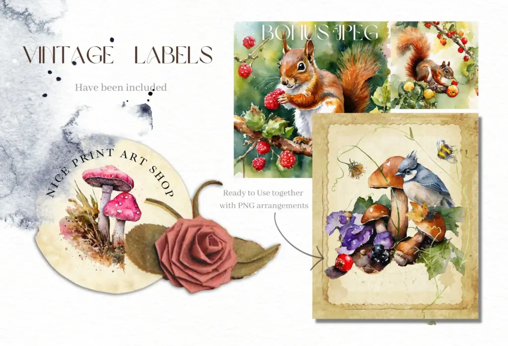 two seamless patterns on a gift bag and a card with watercolor fall foliage.