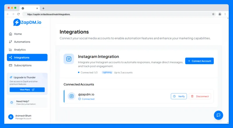ZapDM Integrations Screen of ZapDM instagram dm automation tool
