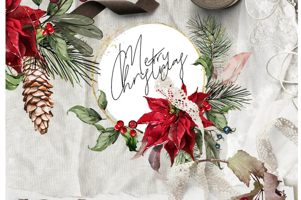 A circular frame with the text "Merry Christmas" is surrounded by watercolor Christmas floral arrangements.