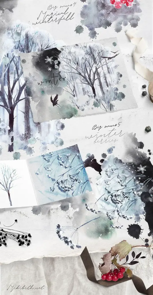 Two square watercolor winter scenes are displayed, featuring a red car and a red truck carrying Christmas trees.