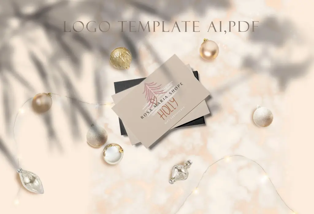 A gift certificate mockup is centered with festive holiday ornaments and lights.