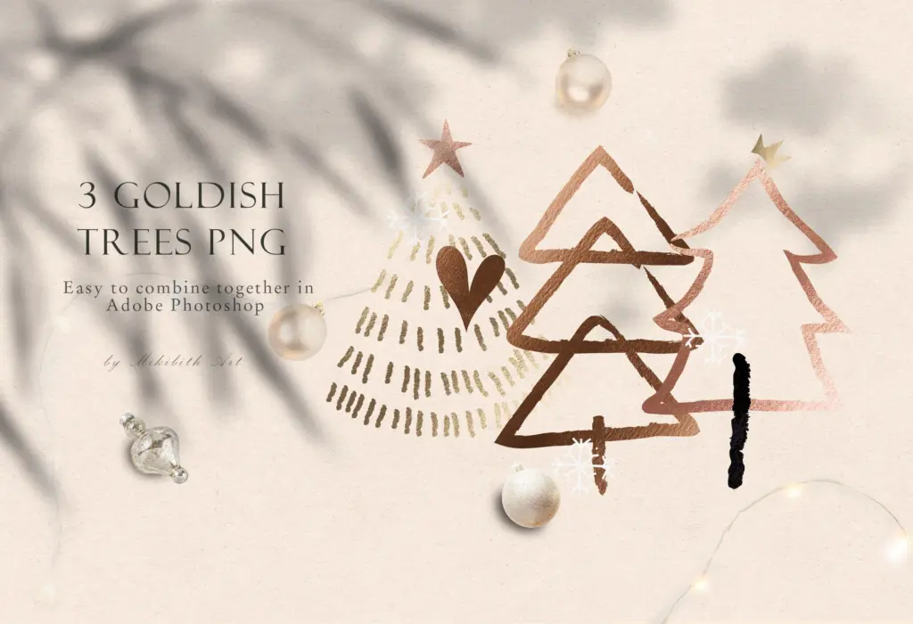 Three stylized, "goldish" Christmas trees in a hand-drawn style are featured.