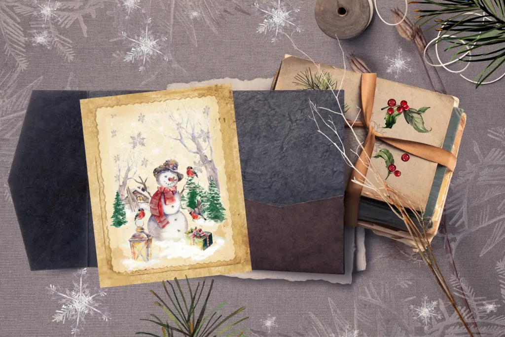 A watercolor snowman is shown on a vintage-style invitation next to a stack of smaller berry-themed cards.