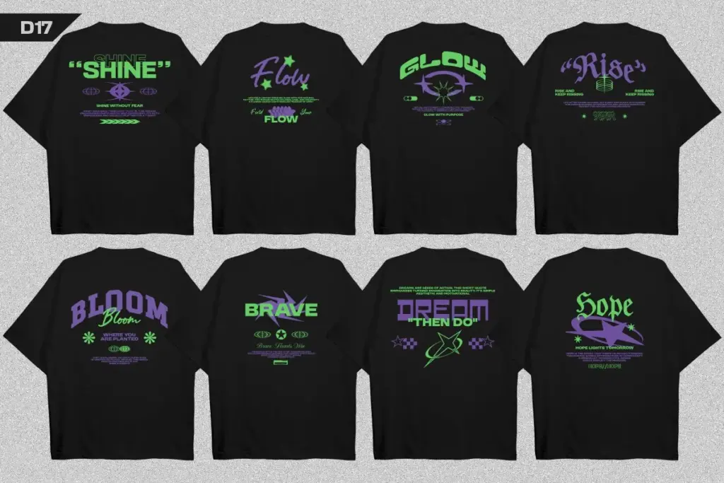 Eight black tees with neon graphics and uplifting phrases