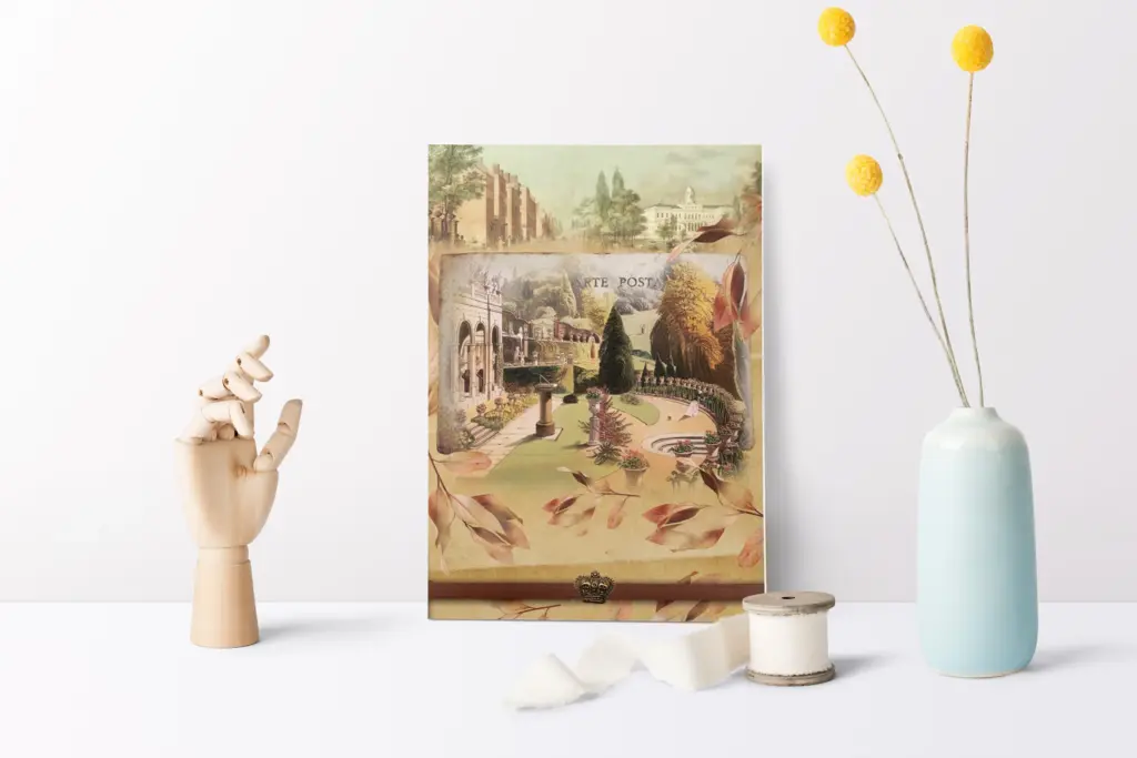 A watercolor snow-covered house is centered with a garland and festive text.