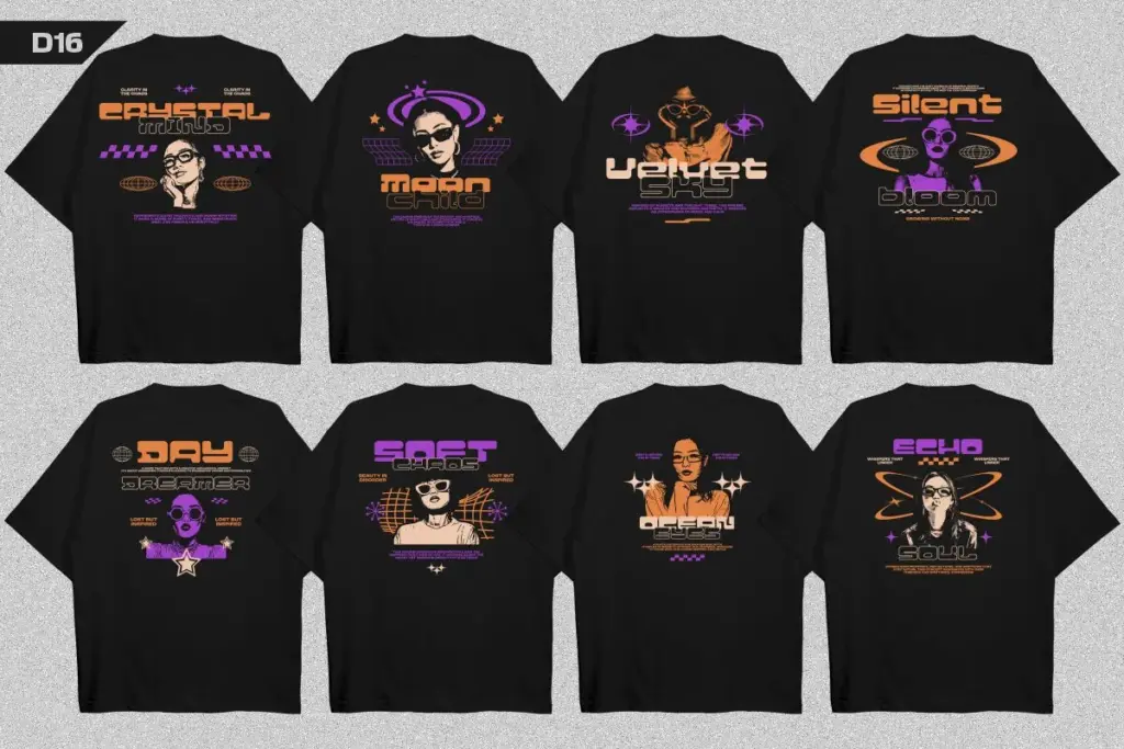 Eight black t-shirts with retro-futuristic portraits and dreamy phrases