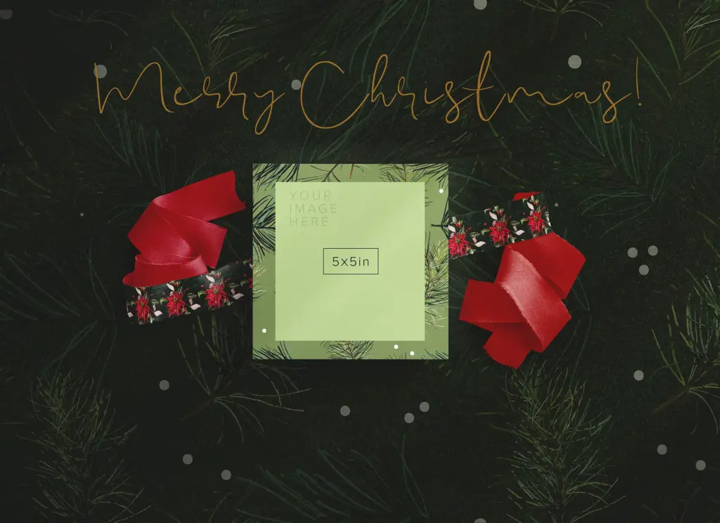 A dark green background of pine needles serves as a frame for a central, light-green square for a user's image, surrounded by red ribbons and patterned tape.