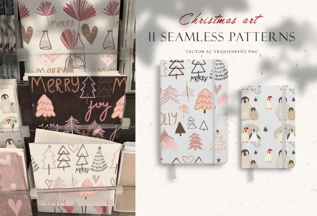 This image shows two notebooks with Christmas-themed seamless patterns.
