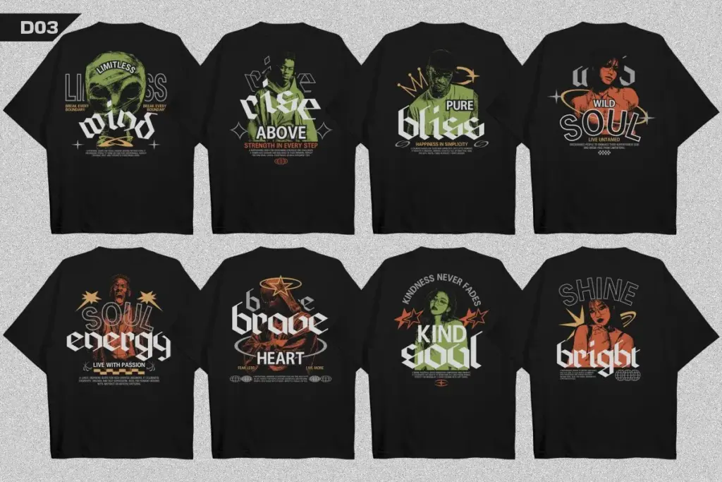 Eight black tees with vibrant text and empowering phrases, streetwear t-shirt designs
