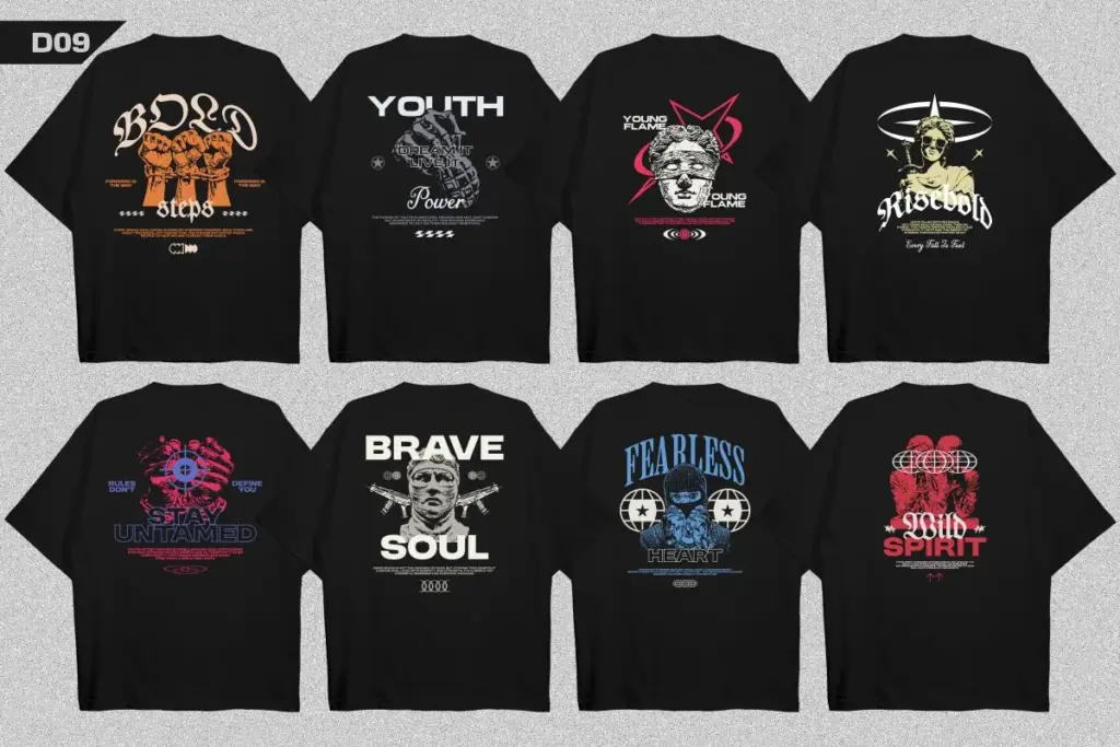 Eight black tees with bold illustrations and phrases like “STAY UNTAMED” and “FEARLESS HEART”