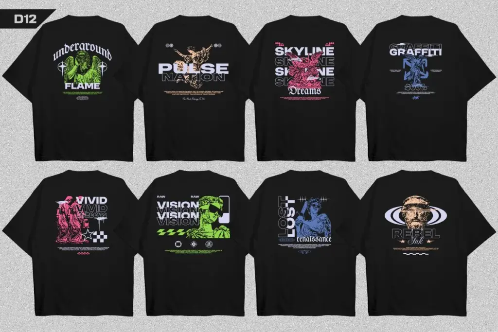 Eight black t-shirts with street art-style designs and bold phrases