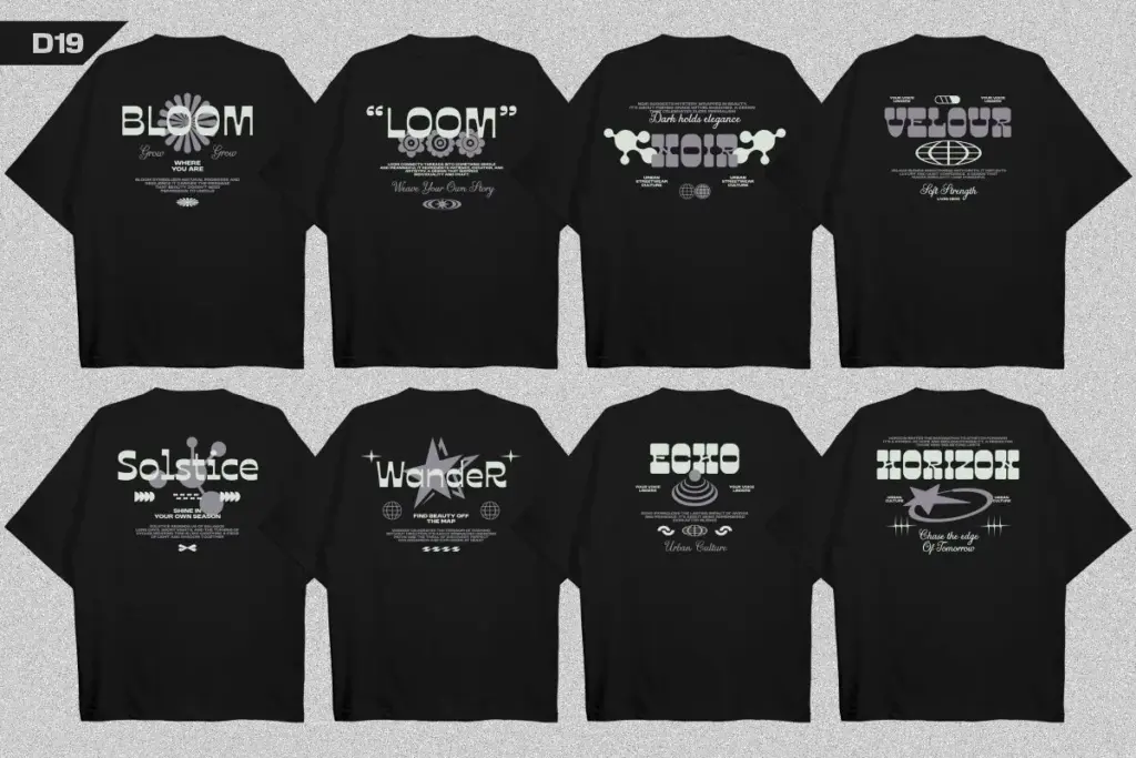 Eight black tees with abstract graphics and futuristic text