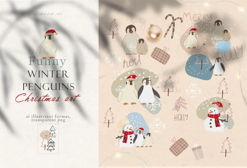 This is a collage of various hand-drawn penguins, snowmen, and Christmas-themed graphics.