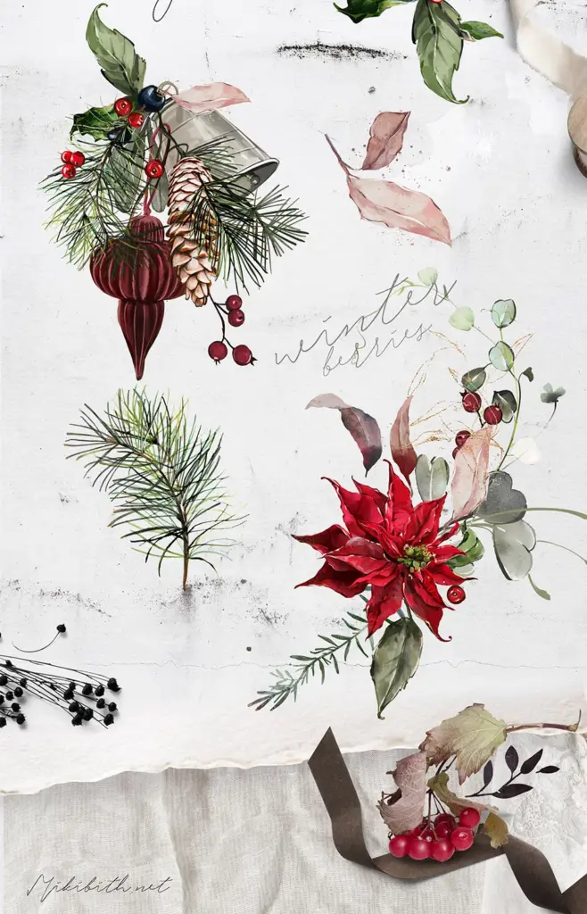 A collage of various watercolor Christmas elements is shown, including an ornament with pine branches and a poinsettia.